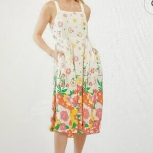 Mister Zimi Cream Midi Dress with Pink, Orange & Green Floral Border